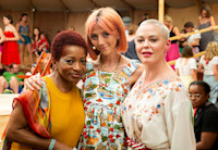 Bonnie Greer, Scarlett Curtis and Rose McGowan stand side-by-side at the Wilderness Festival’s Audible Live Stage.