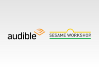 The Audible logo and the Sesame Street logo sit side-by-side against a light grey background. The Audible logo is the name in black type with an orange chevron at the end of the "e". The Sesame Workshop logo has the name in grey type with a yellow line with a bell curve in the middle over the top and a straight green line underneath.