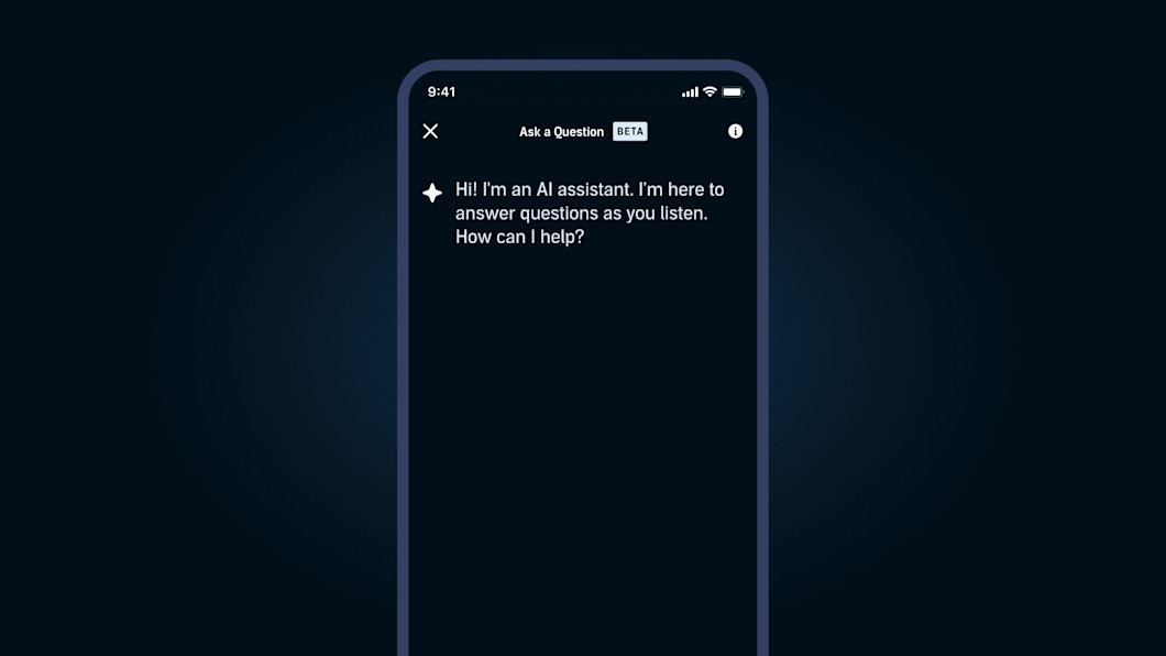 A demo image showing Audible's beta feature which allows listeners to ask questions about eligible classic stories and public domain titles in the app.