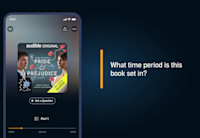 A demo image showing Audible's beta feature which allows listeners to ask questions about eligible classic stories and public domain titles in the app.