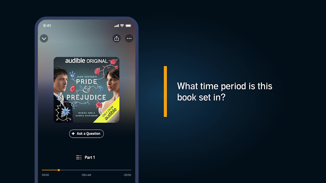 A demo image showing Audible's beta feature which allows listeners to ask questions about eligible classic stories and public domain titles in the app.