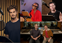 a collage of people in a recording studio
