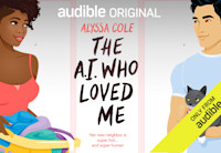The cover art for the audiobook with the title of the book and an illustrated drawing of a girl and a guy staring longingly at each other. The girl is holding a full laundry basket and the guy a grey and white cat.