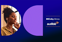 The Dolby Atmos and Audible logos are on the right, against a blue to black gradient background. On the left is the Dolby brand icon, enlarged, with an image of a woman wearing Apple AirPods.