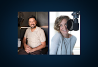 Award-winning narrators Luke Daniels (l) and Khristine Hvam (r) in the studio.