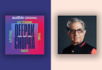 The book cover set against a purple background on the left, a photo of Deepak Chopra set against a cream background on the right.