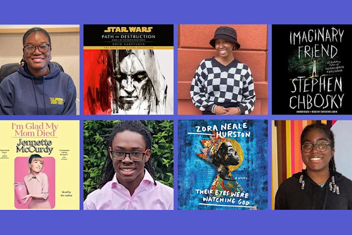 Photos of Audible interns and the covers of the Audible titles they recommend.