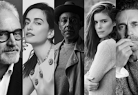 Black and white photos of actors Bradley Whitford, Ana de la Reguera, Giancarlo Esposito, Kate Mara, and Jon Hamm are aligned side by side.
