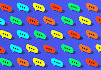 Talk bubbles appear against a bright blue background. The bubbles are different colors, yellow, light blue, orange, etc.