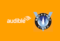 The Audible logo and the Broadway Video logo are next to each other on an Audible orange background.