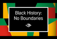 Set on a geometric pattern of black, green, yellow and red, lays a call out box that reads "Black History: No Boundaries." The Audible logo lays below in the center.