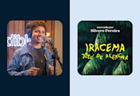 A person in a denim jacket and dark shirt standing in front of a microphone in a recording studio with a neon sign of "Audible" in the background, and an adjacent image featuring the text "narrado por Silvero Pereira, IRACEMA José de Alencar" on a dark textured background with a green foliage design.