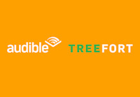 The Audible and Treefort logo sit side-by-side, white text against an orange background. Aubible's logo has a chevron at the end. The tree in treefort is green.