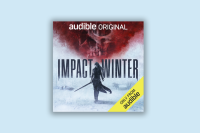 The cover art for "Impact Winter" featuring a dark figure wielding a sward with red smoke in the background. 