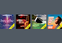 Four covers for Audible Original Theaater titles are displayed on a grey backgorund. "Breathe" is a city landscape in shades of pink and purple. "Skyscraper Lullaby" shows the Transamerica Pyramid in San Francisco with a red filter. "Complicity Island" shows a phone floating in the sea. "Where You'll Find Me" shows actor Jason Gotay in profile.