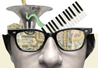 The bottom half of the image shows a person's face -- their nose and ears and their eyes covered with sunglasses. The glasses reflect an illustration, full of pipes like a steam room. The top of the person's head is gone, and where their brain would be there are instruments--a keyboard, the top of the horn of a tuba--and also more pipes and what looks like a green octopus tendril.