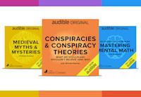 Three audiobook covers for The Great Courses sit side-by-side with the names of their titles on their yellow, orange and blue covers.