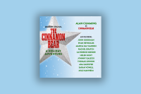 "The Cinnamon Bear" cover art is laid over a snowy blue background. It features a large silver star with the title overlay in red and green text. The full cast list is listed on the right side.