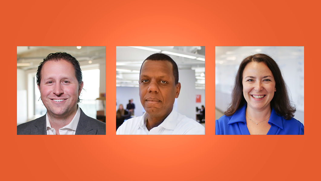 Headshots of the three NVP startup founders appear against an orange background