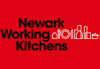 The words "Newark Working Kitchen" appear in black against a red background with icons of homes, silverware, plates and pots next to it.