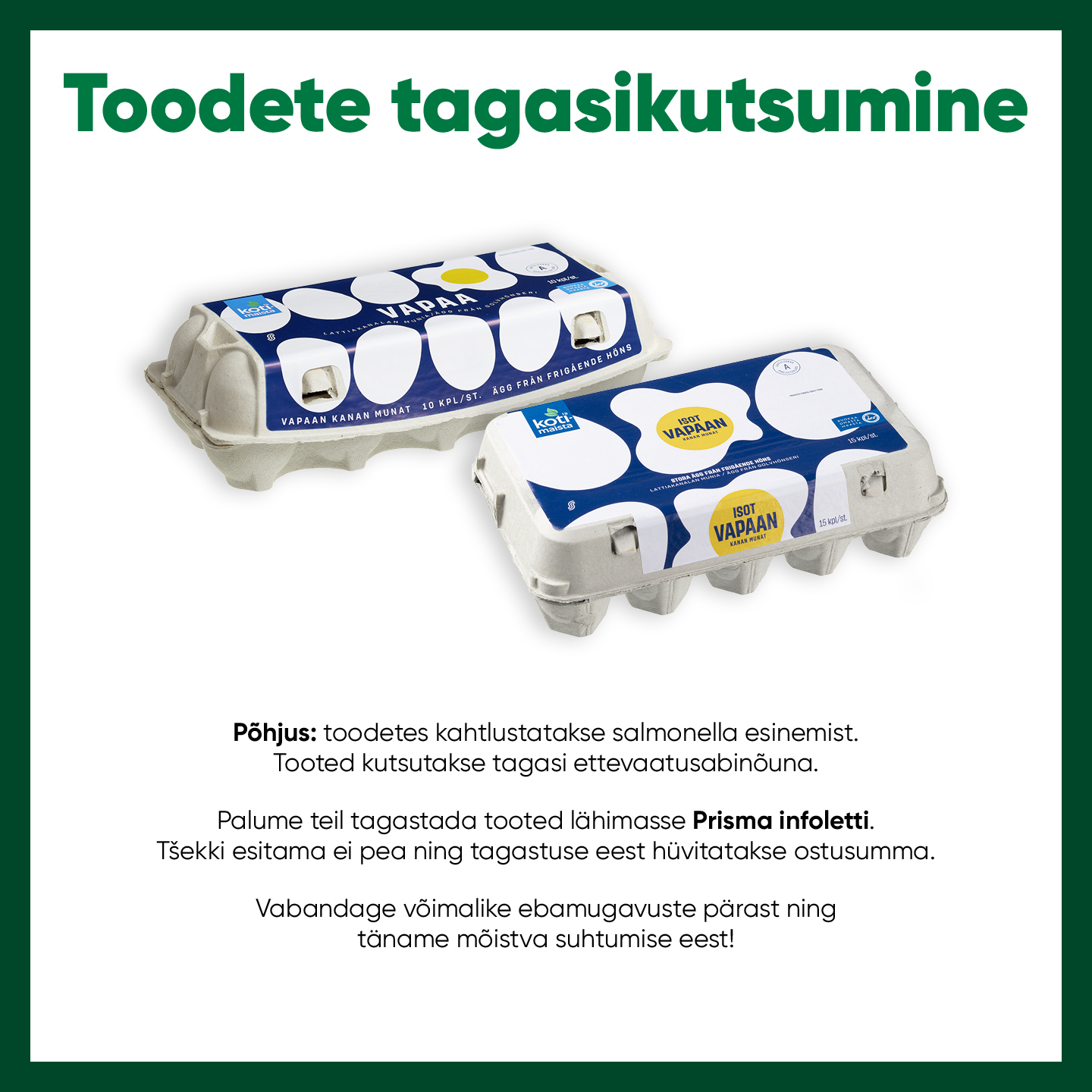 Tagasikutsumine KOTIMAISTA Õrrekanade munad FB