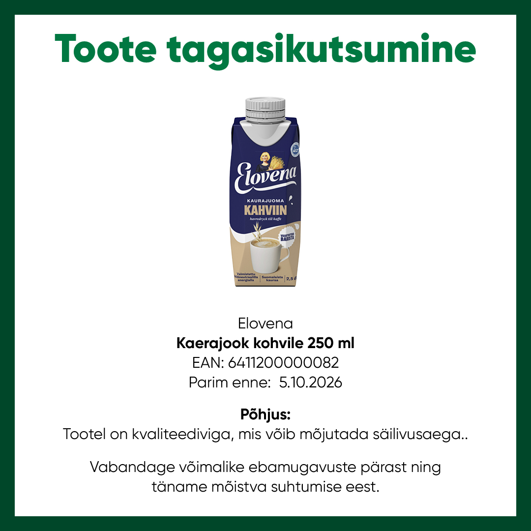 Tagasikutsumine Elovena Kaerajook kohvile 6411200000082 kodukale FB