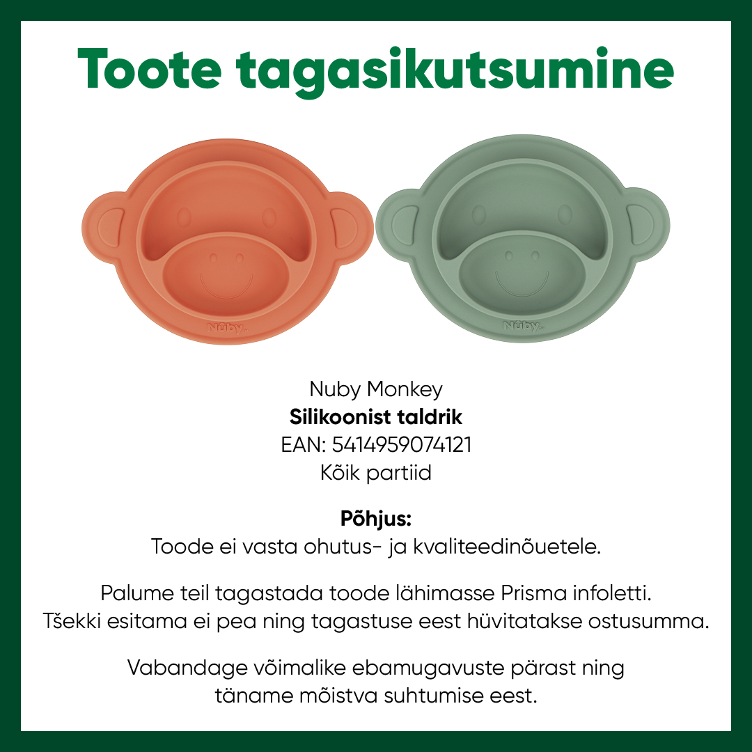 Tagasikutsumine Nuby Monkey Silikoonist taldrik 5414959074121 kodukale FB
