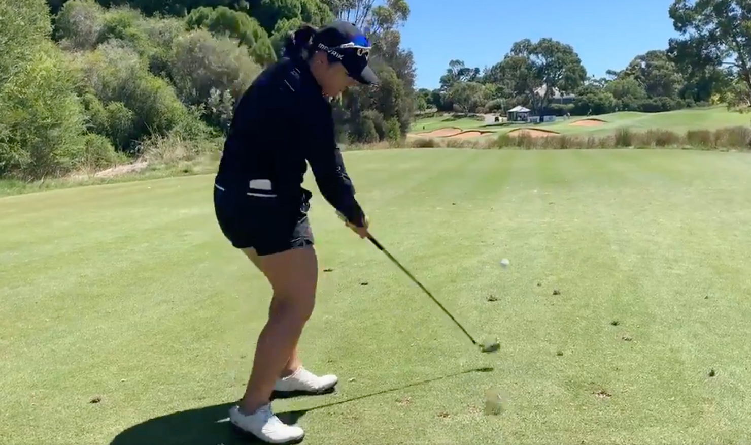 Doey Choi practises at the 14th hole on Monday afternoon.