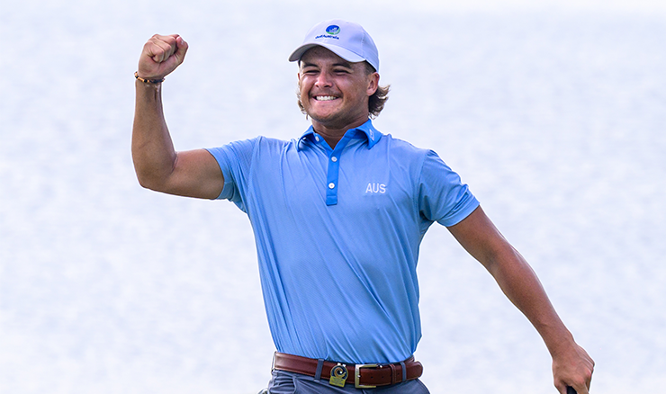 Harrison Crowe celebrates after holing the winning putt.