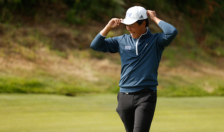 Jeffrey Guan celebrates his 5 and 4 win on hole 14 during the round of 16 at the 2022 U.S. Junior at Bandon Dunes Golf Resort. Photo: USGA.