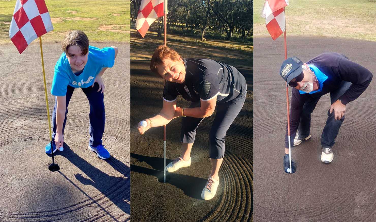 Cooper Boyle (left), Wendy Laffin and Chris Mathews retrieve their balls after their respective magical shots.