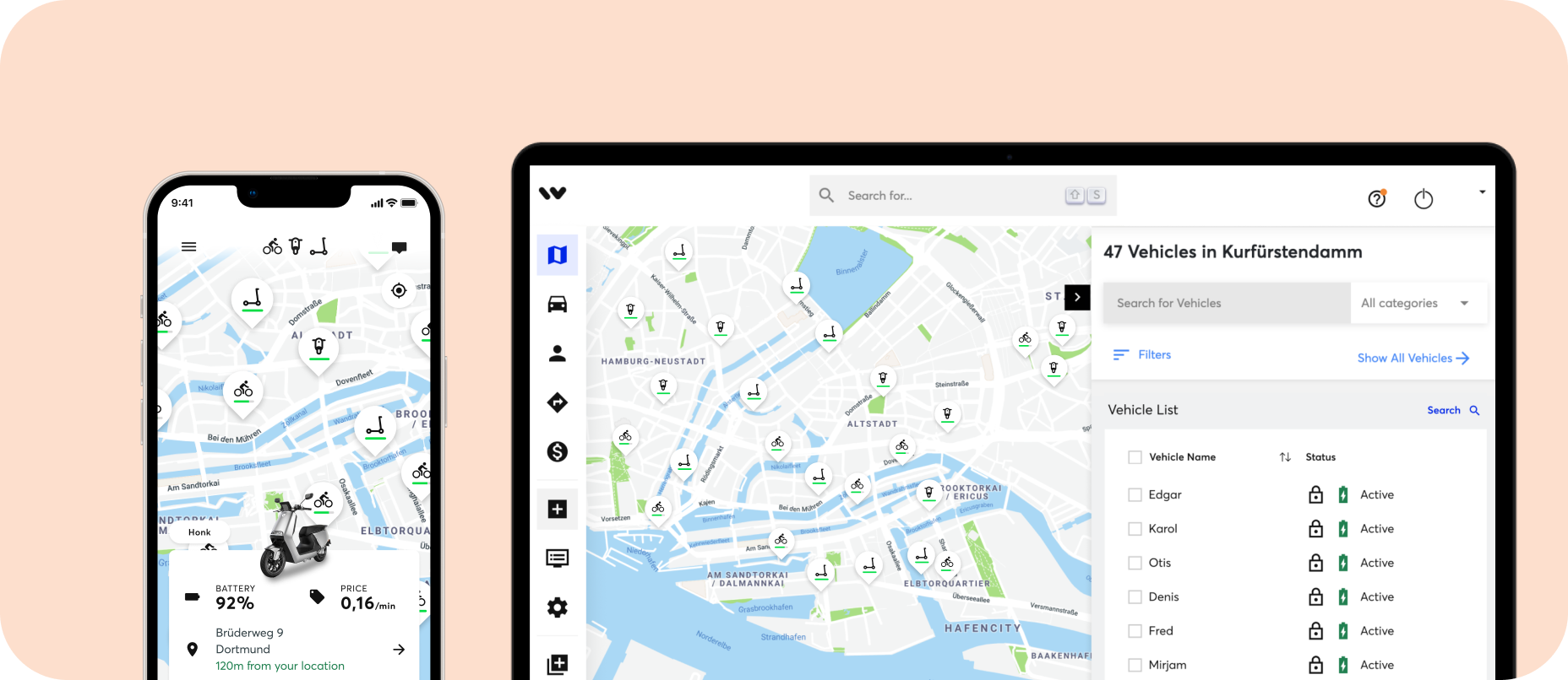 Cut off mobile and desktop devices with Wunder Mobility application displayed on them.