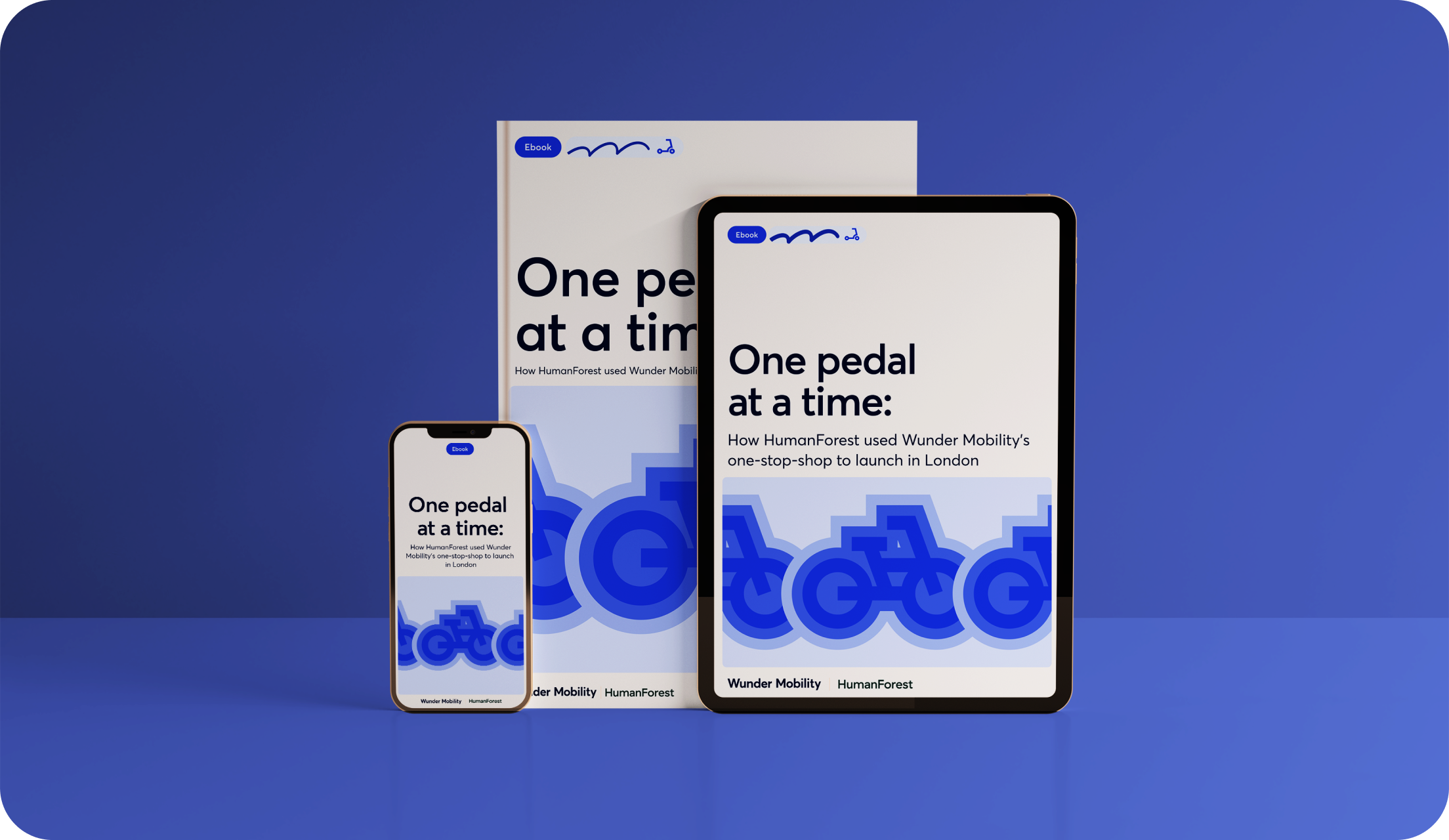 Human Forest e-book in desktop, mobile device and tablet formats with blue bike renders.