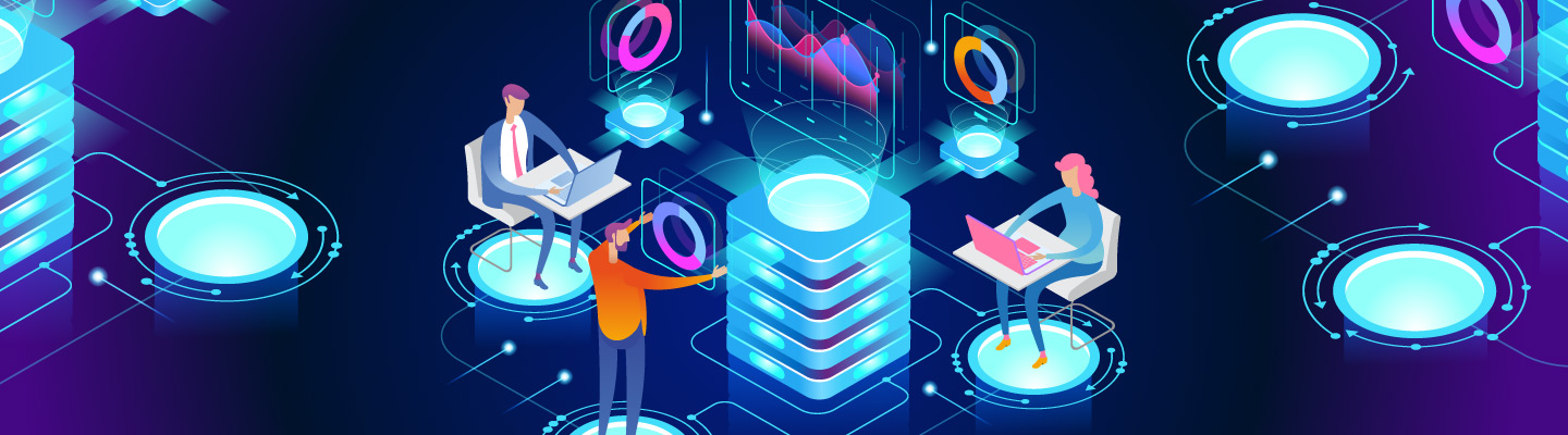 Illustration of people working with reports and data.