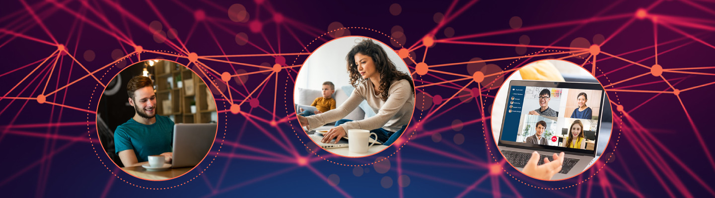 People engaged in remote work, working from home, and virtual meetings.