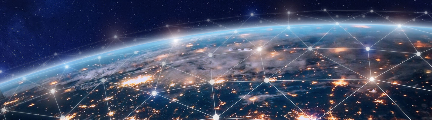 World view at night from space with lines showing connection between locations