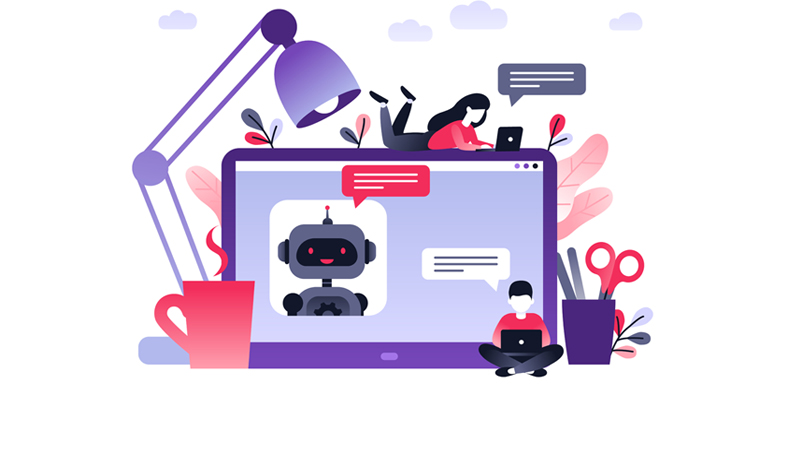 Illustration of a laptop depicting a chatbot conversing with two humans