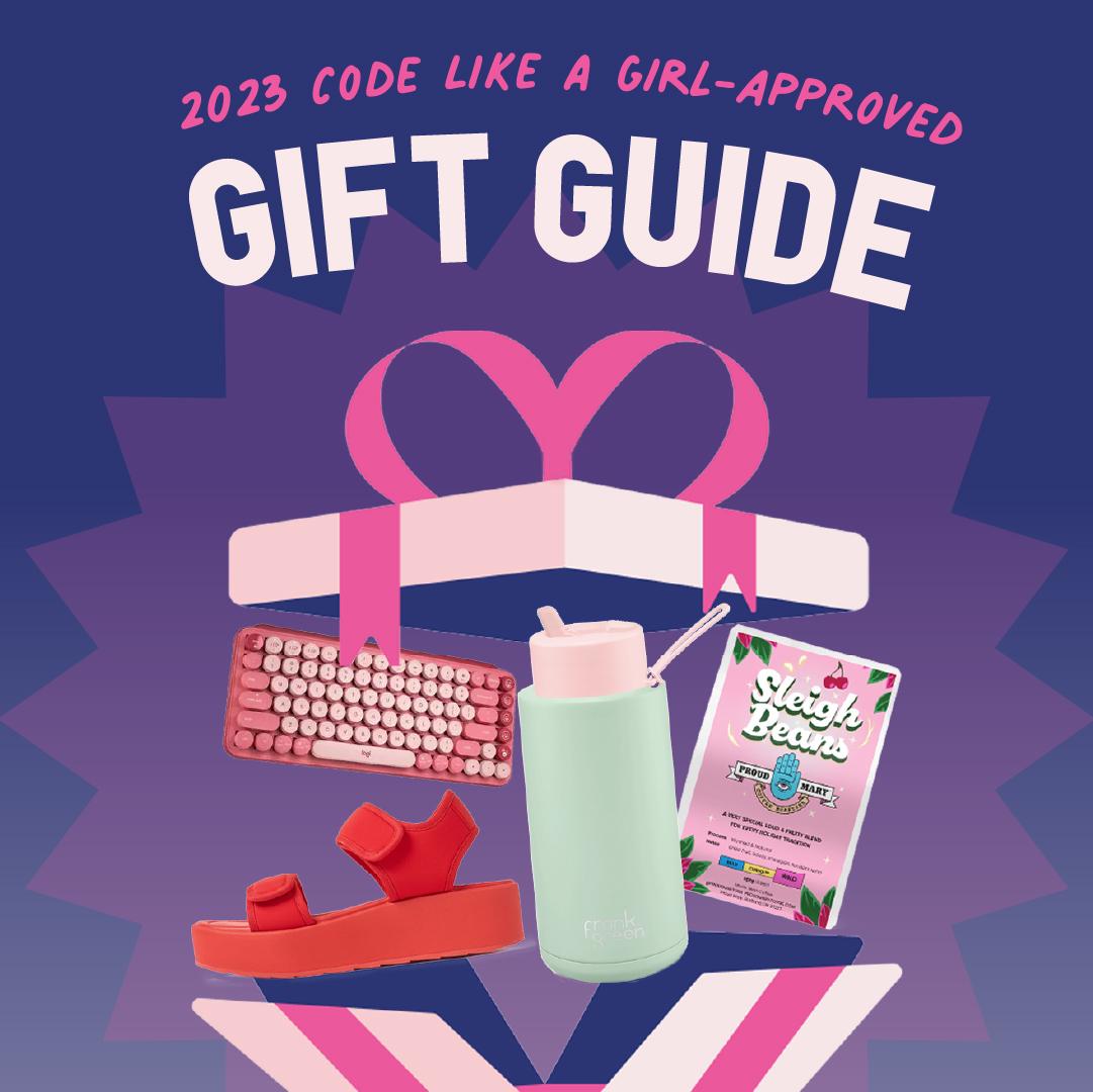Tile reads: 2023 Code Like A Girl-approved Gift Guide, underneath a present is unwrapped to reveal a mechanical keyboard, a Frank Green water bottle, coffee beans and TWOOBs. 