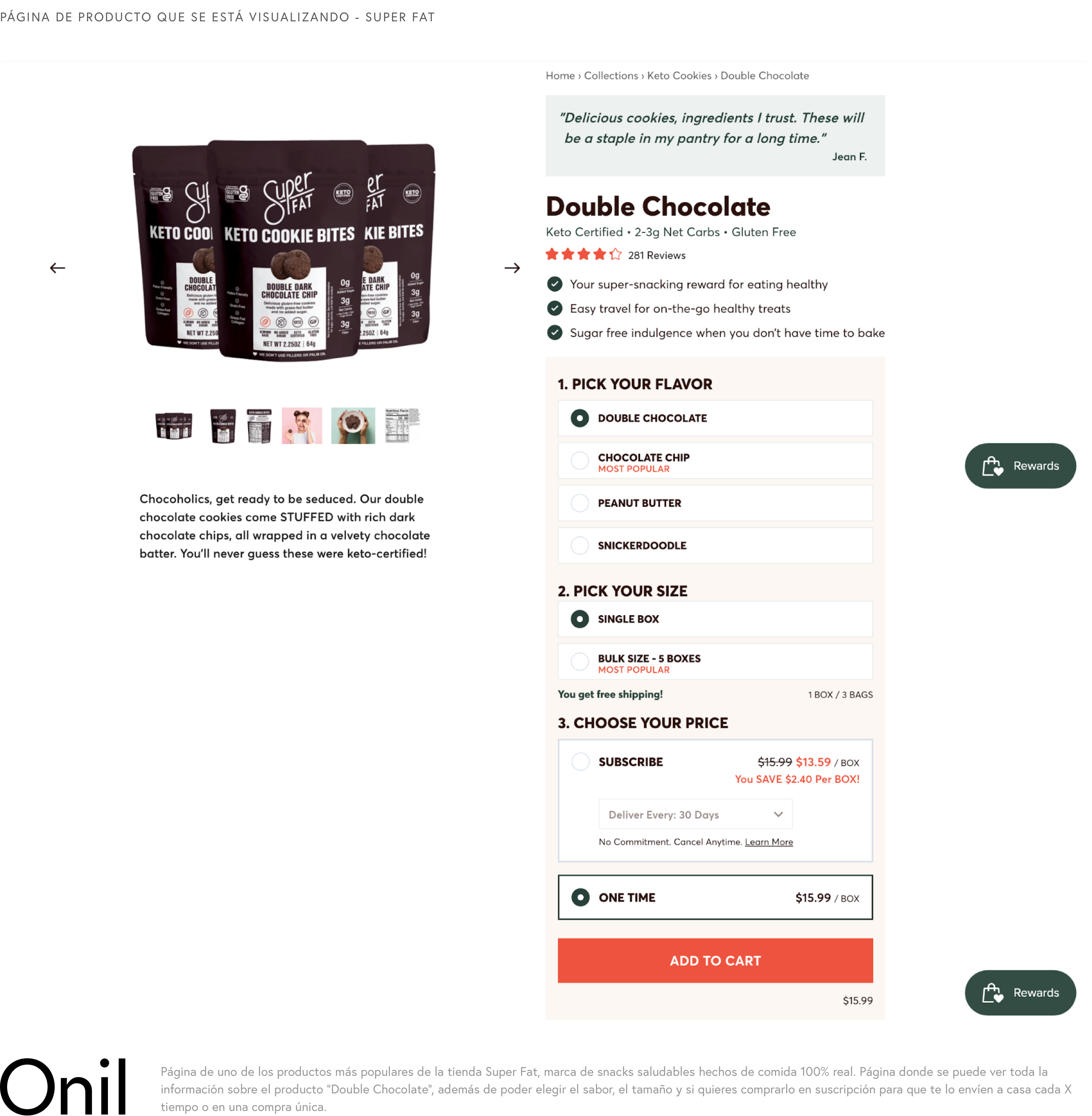 Página de producto que se está visualizando - se puede ver toda la información sobre el producto “Double Chocolate”, además de poder elegir el sabor, el tamaño y cómo quieres comprarlo.