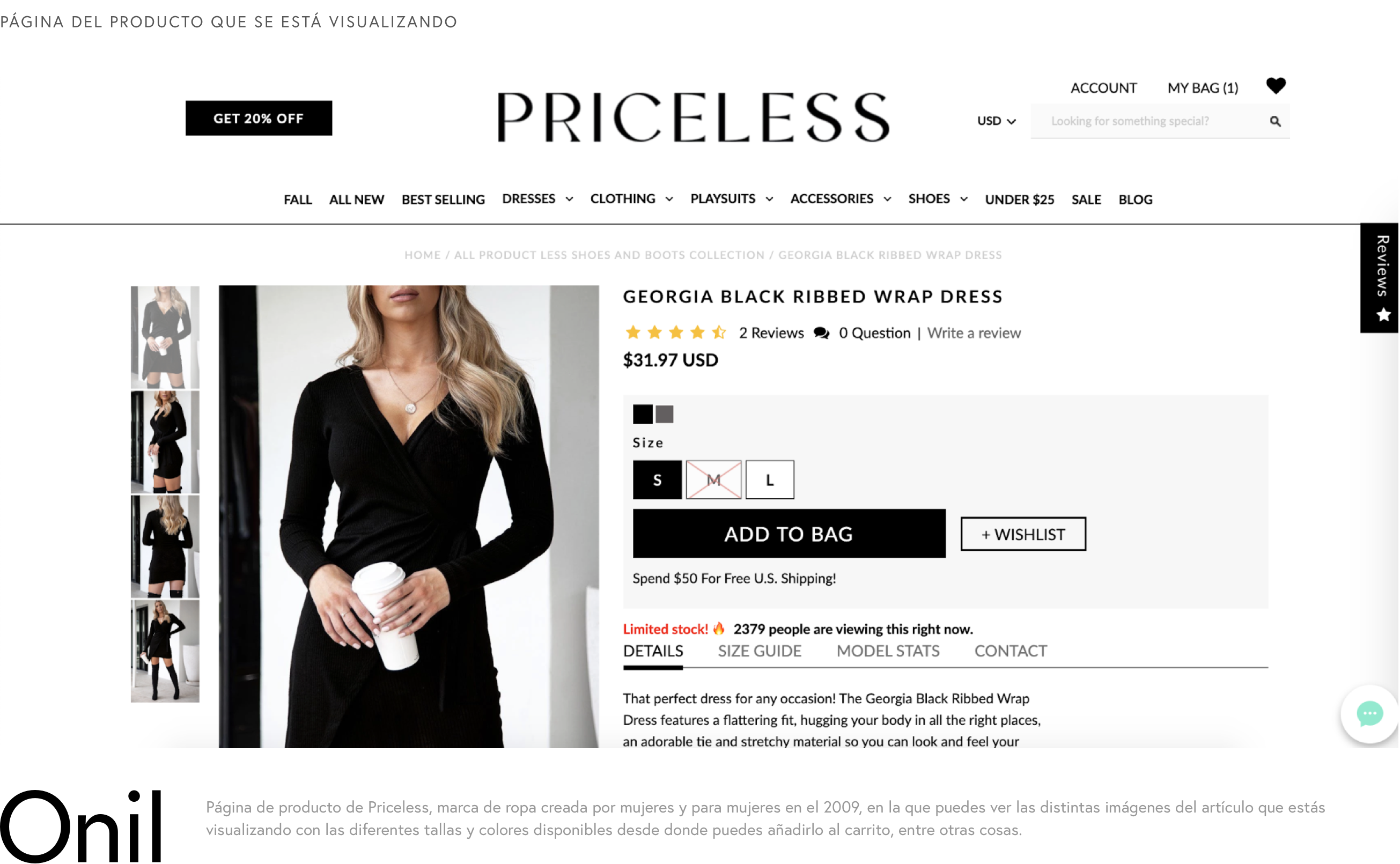 Página del producto que se está visualizando - Marca de ropa creada por mujeres y para mujeres, en la que puedes ver las distintas imágenes del artículo que estás visualizando con las diferentes tallas y colores disponibles.