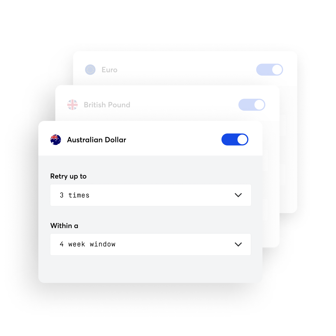 In the GoCardless dashboard or API, select the number of payment retries and the timeframe that works for you