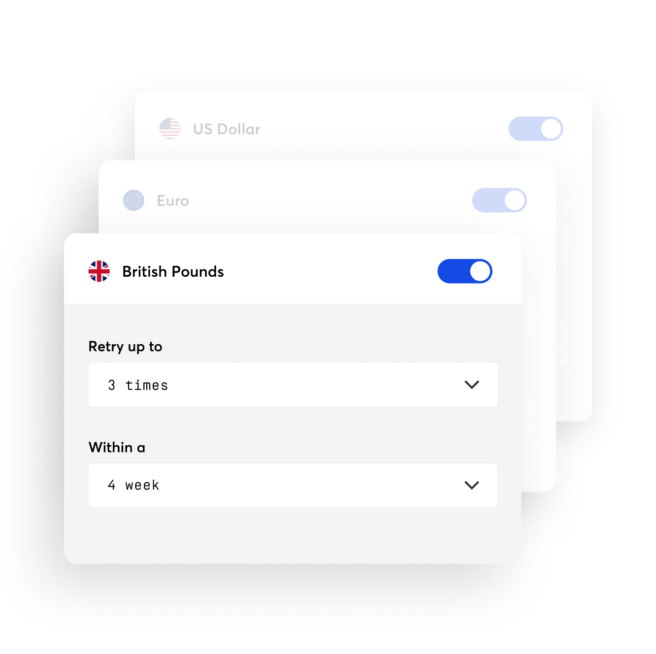 In the GoCardless dashboard or API, select the number of payment retries and the timeframe that works for you