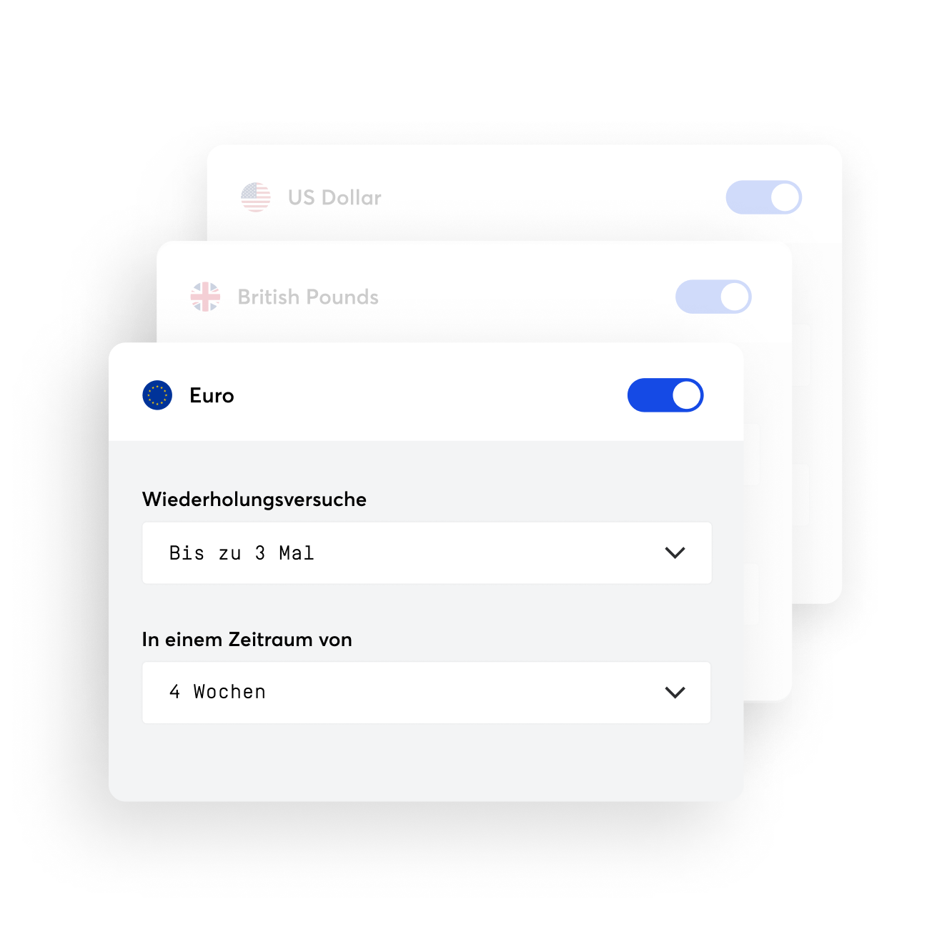 Wählen Sie im GoCardless Dashboard oder in der API die Anzahl der Zahlungswiederholungen und den für Sie passenden Zeitrahmen aus.