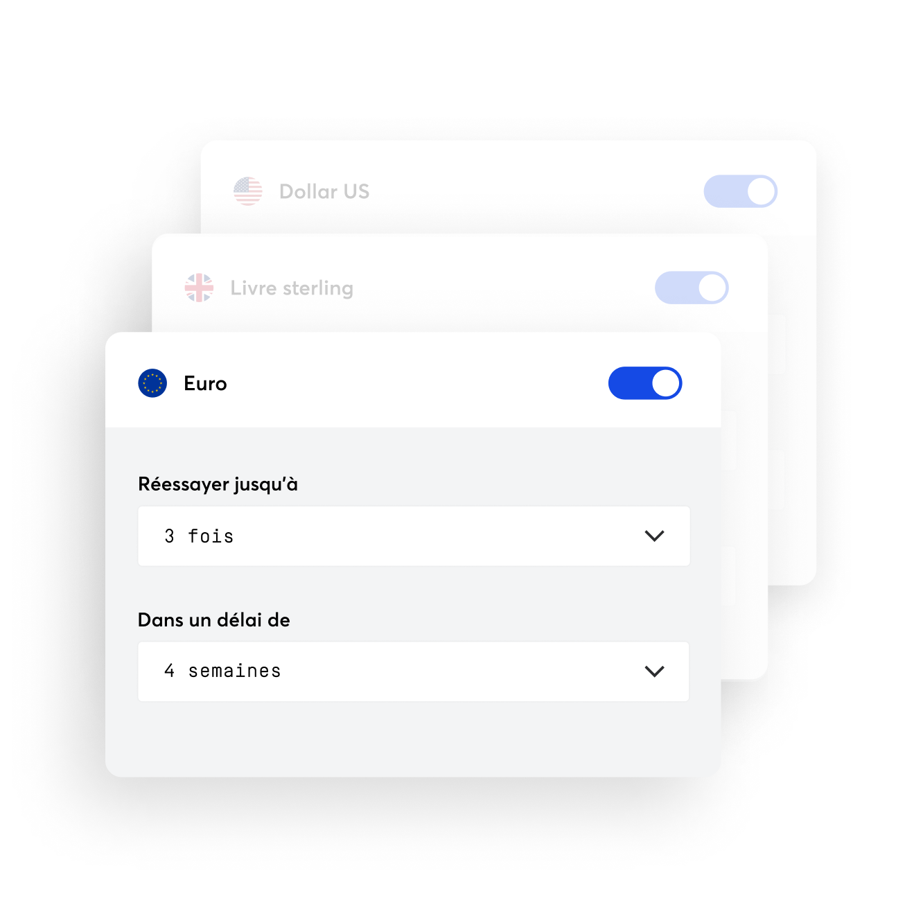 Dans le tableau de bord ou l’API GoCardless, sélectionnez le nombre de représentations de paiement et le délai qui vous convient