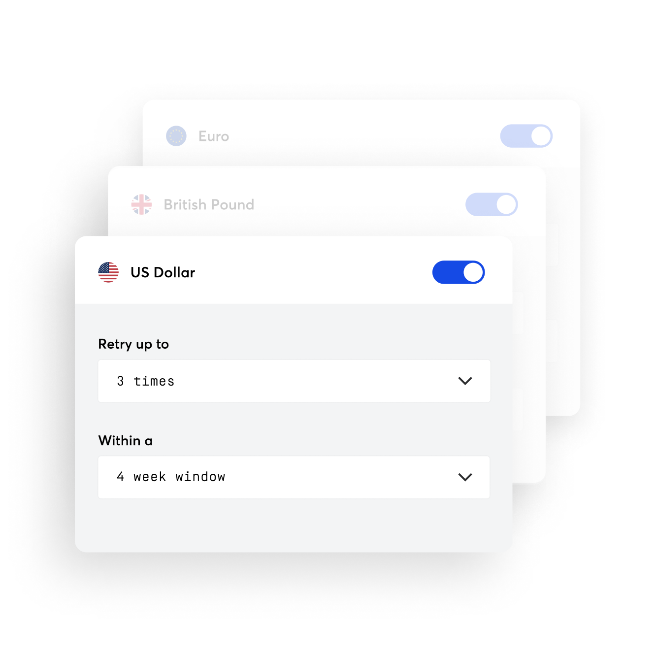 In the GoCardless dashboard or API, select the number of payment retries and the timeframe that works for you