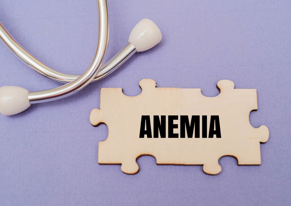 Un estetoscopio y una pieza de rompecabezas de madera en la que pone «Anemia»