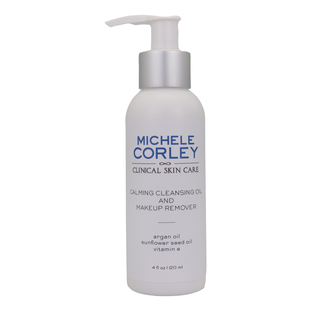 Michele Corley Calming Cleansing Oil & Makeup Remover in retail size bottle with locking pump.