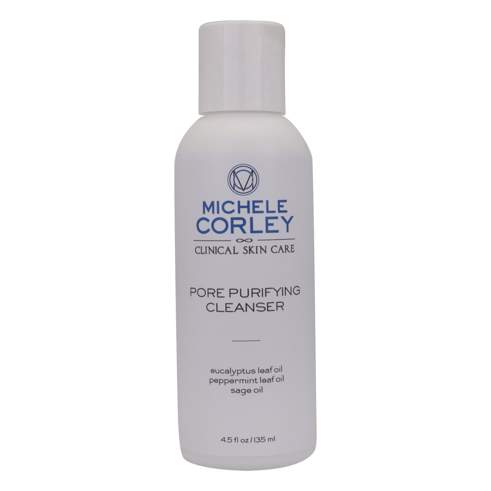 Michele Corley Pore Purifying Cleanser in retail size bottle with flip lid.