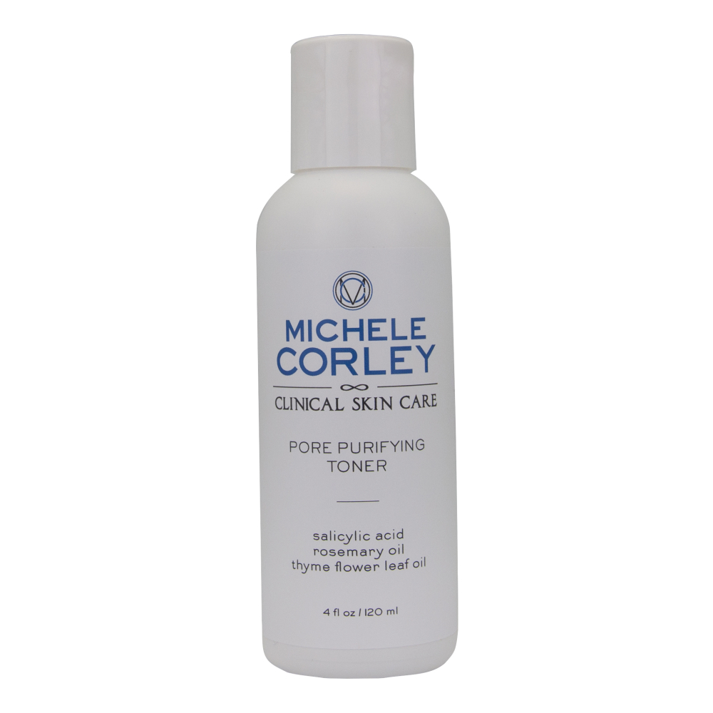 Michele Corley Pore Purifying Toner in retail size bottle with flip lid.