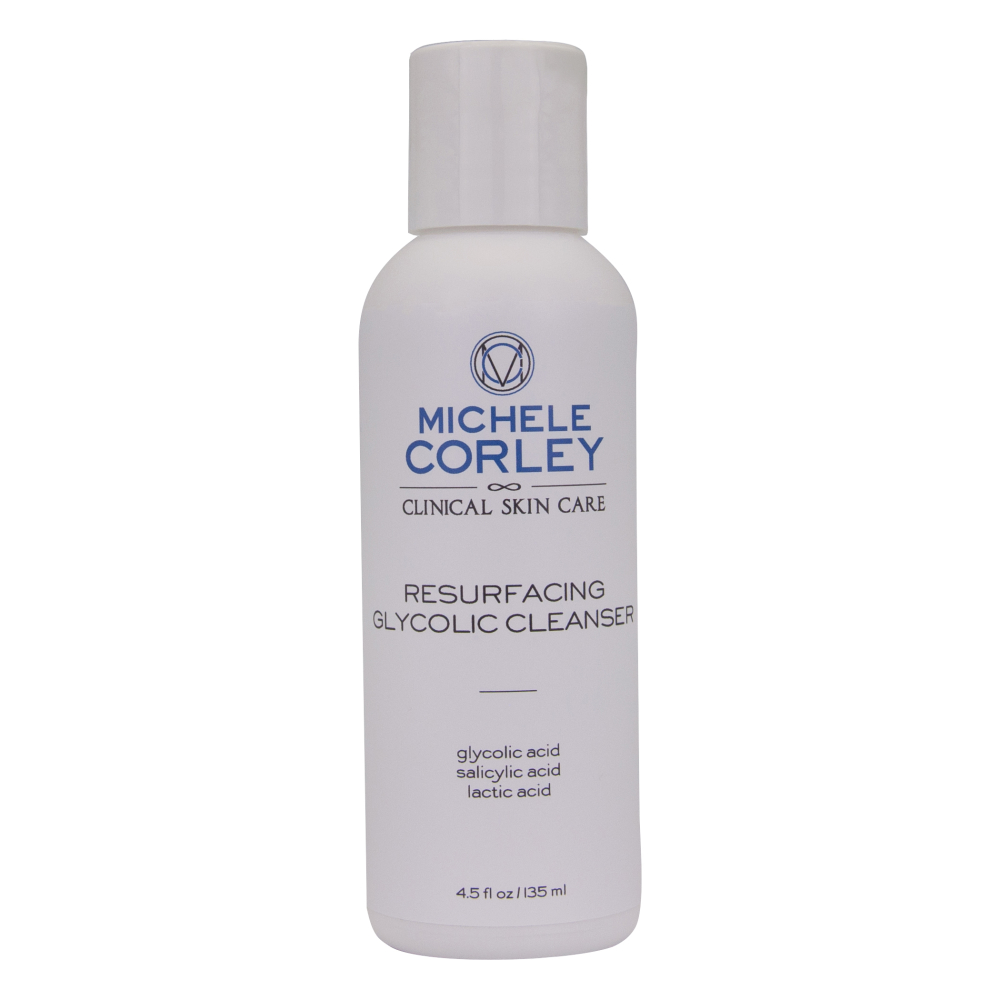 Michele Corley Resurfacing Glycolic Cleanser in retail size bottle with flip lid.